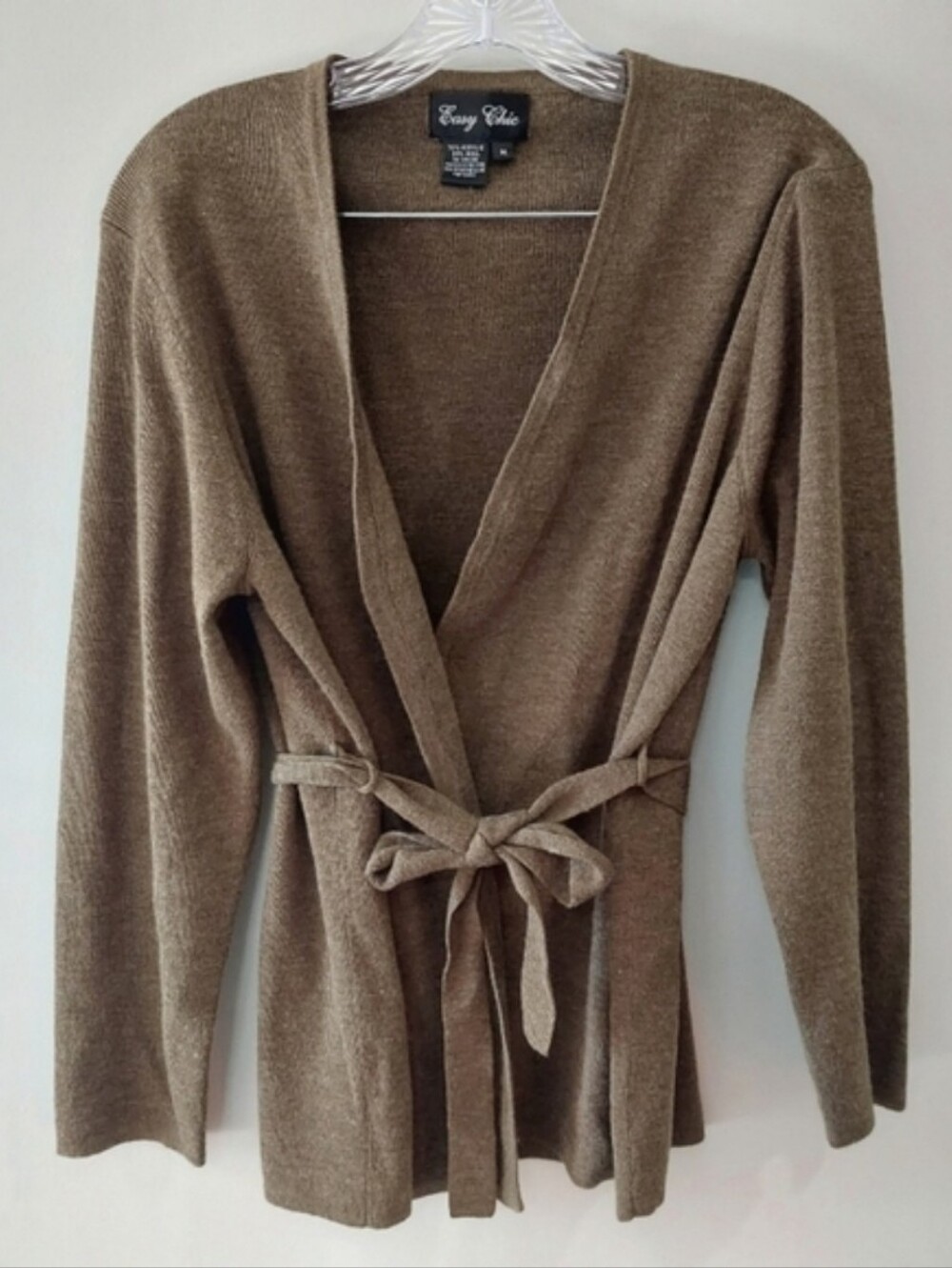 Easy Chic Vintage Cardigan Medium Wool Blend Army Green Belted Long Sleeve